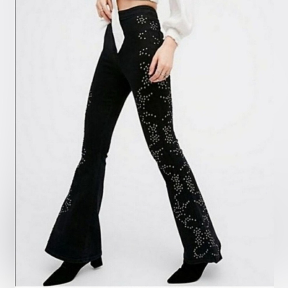 RARE Free People Love Forever Studded Black Denim Flare Jeans 27